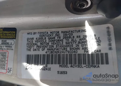 2004 Toyota Camry Le from USA, damaged, VIN 4T1BE32K24U791040